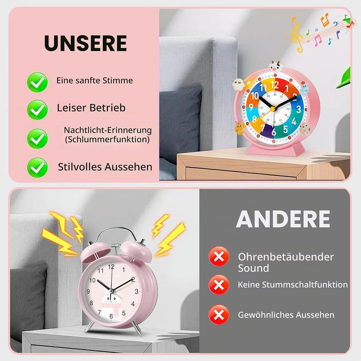Kinder Wecker, Kinderwecker für Schulanfänge, Kein Tickendes Geräusch, Mit Nachtlicht und Schlummerf