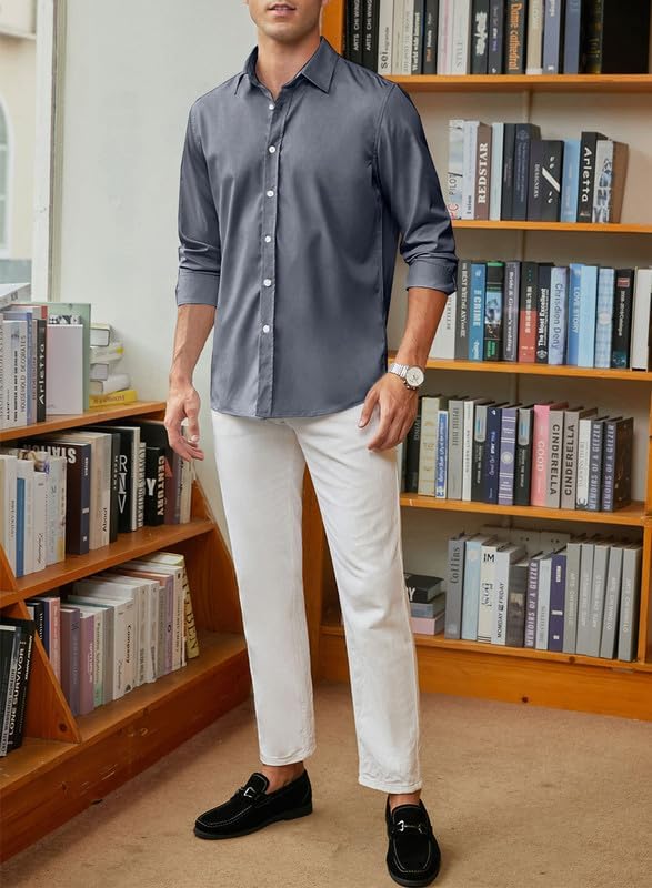 Herren Hemd Langarm Einfarbig Businesshemd Regular Fit Freizeithemd Elastisches Business Shirt S-XXL