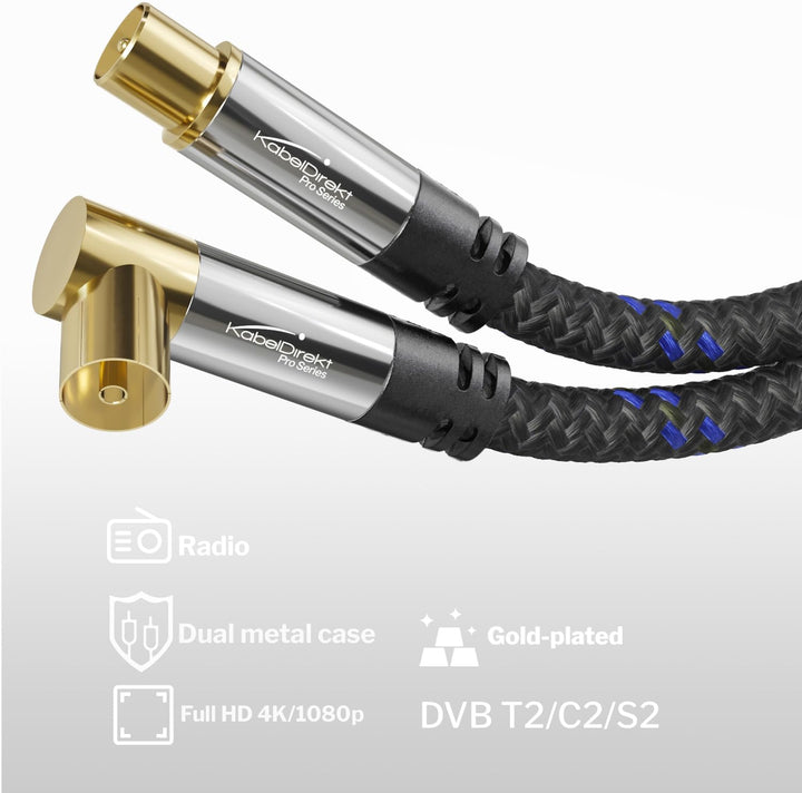 KabelDirekt – 4K Antennenkabel Nylon, TV Kabel 90° gewinkelt/gerade – 15m – Fernsehkabel mit Metalls