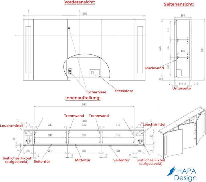HAPA Design Bad Spiegelschrank mit Beleuchtung und Steckdose Venedig. Austauschbare LED Beleuchtung