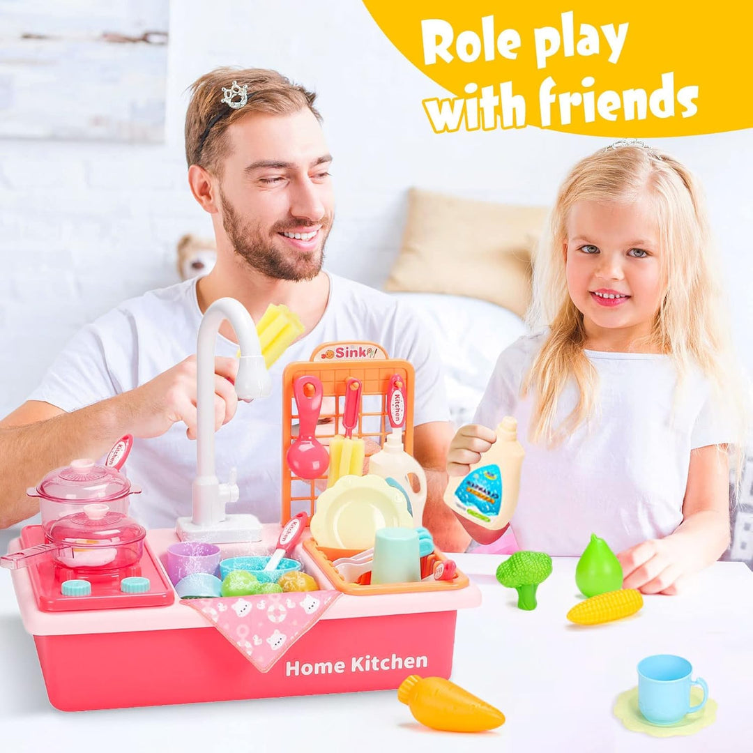 Küchenspüle Spielzeug Set mit Warmwasserhahn Farbwechsel Geschirr-Kochgeschirr Topf und Pfanne, Play