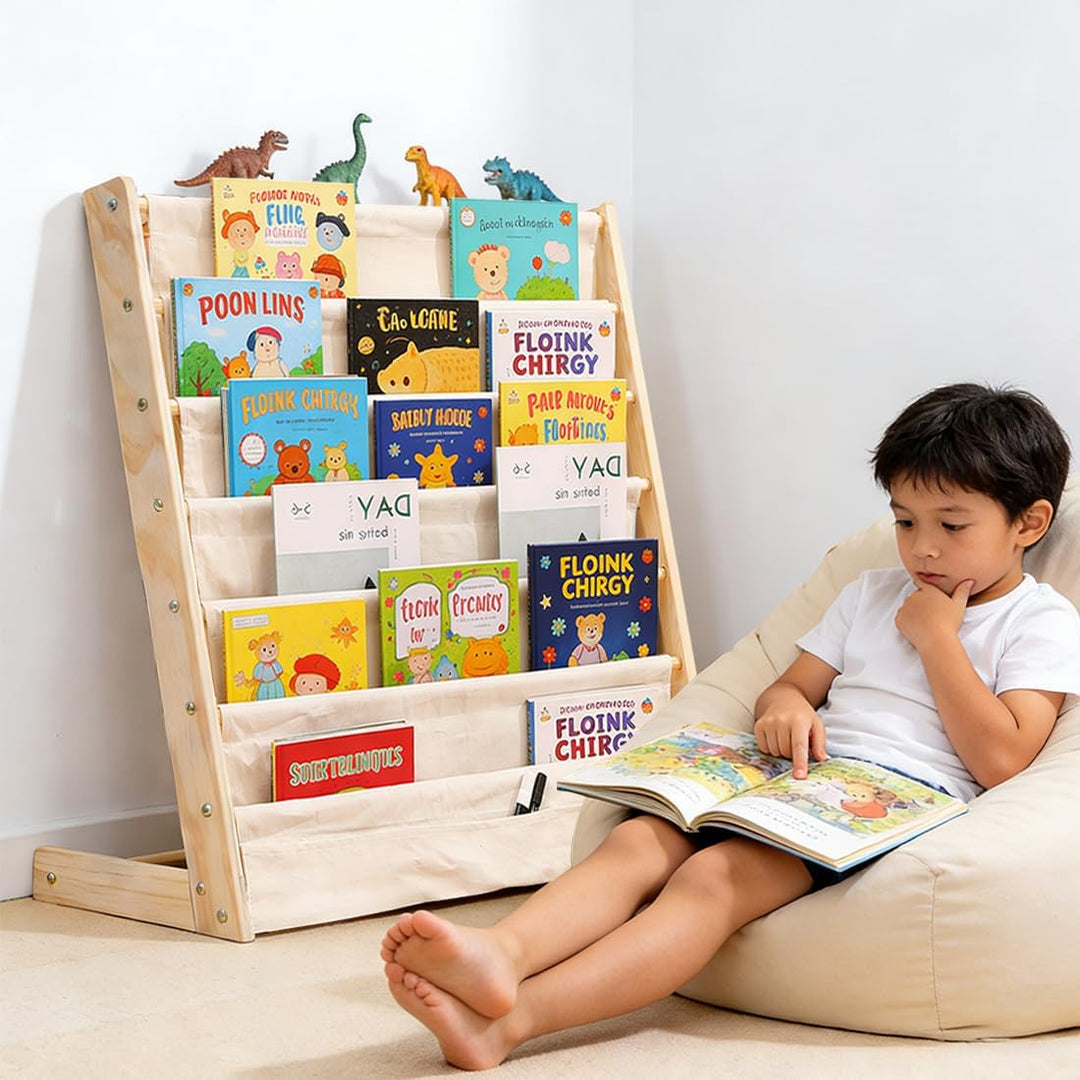 Kinder Bücherregal, 75x 30 x 79 cm Montessori Bücherregal mit 6 Ebenen und Stofffächern, Offenes Kin