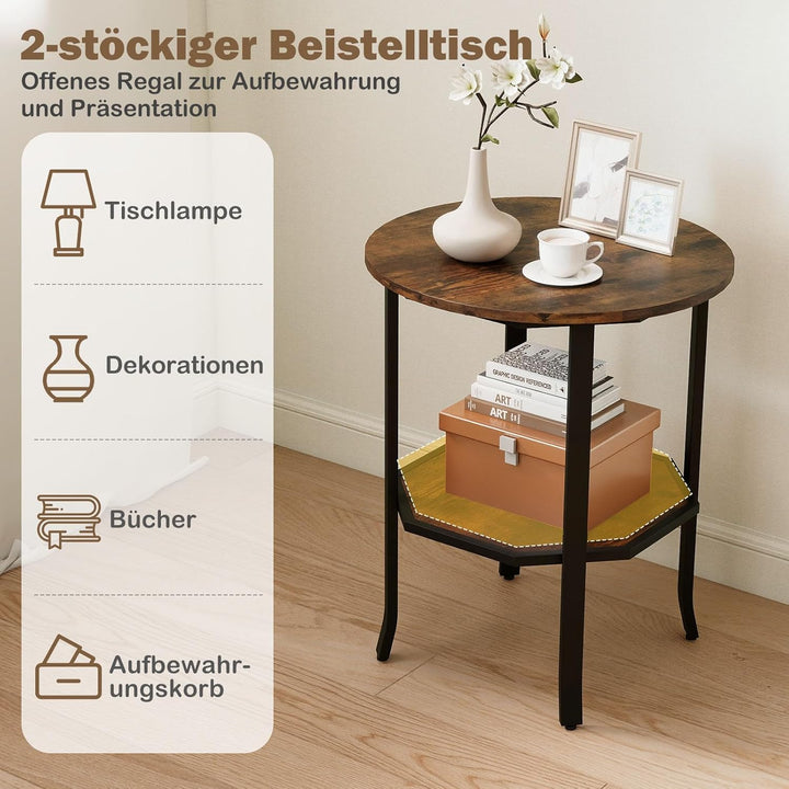COSTWAY Runder Beistelltisch, 2-stufiger Sofatisch mit offenem Regal, industrieller Wohnzimmertisch,