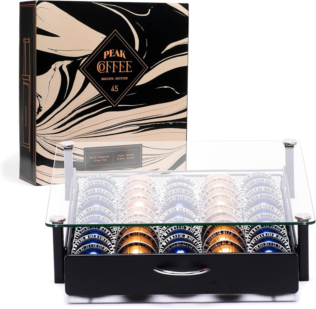 Peak Coffee Nespresso Vertuo Kaffeekapsel Tablett - Organizer &amp; Kaffee Maschinenständer mit Glasdeck