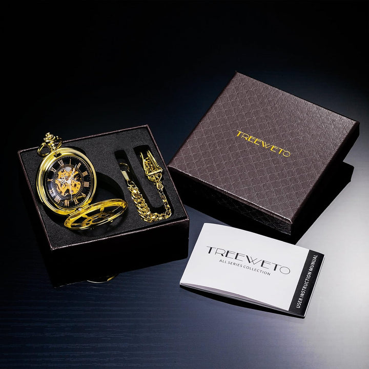 TREEWETO Unisex Taschenuhr mit Kette Analog Handaufzug Doppelscharnier Ruder Skelett Gold