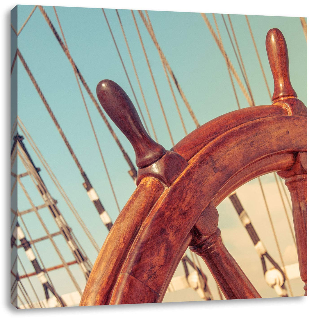 Pixxprint Steuerrad auf dem Schiff 70x70cm Leinwandbild Wandbild Kunstdruck, 70x70