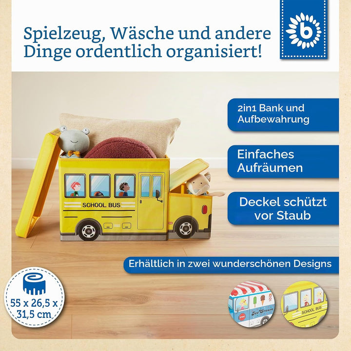 Bieco Aufbewahrungsbox mit Deckel Kinder Schulbus, faltbar, Sitzhocker mit Sitzgelegenheit, und Pols
