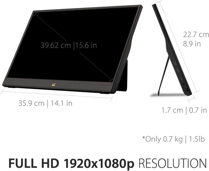 Viewsonic VA1655 40 cm (15.6 Zoll) Portabler Monitor (Full-HD, IPS-Panel, mini-HDMI, 2x USB-C für Ra