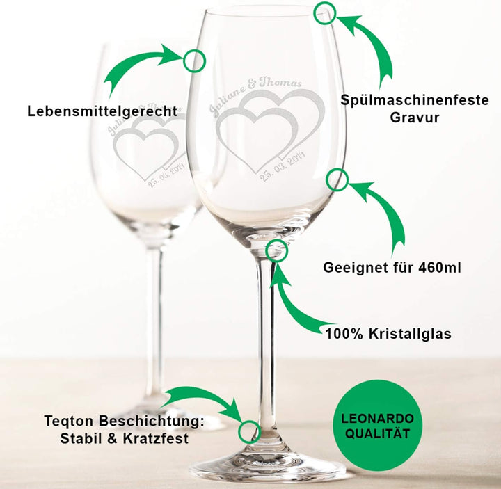 Leonardo Weingläser - Für die Hochzeit - mit Gravur &amp; Name im 2er Set - inkl. gravierter Vintage Hol