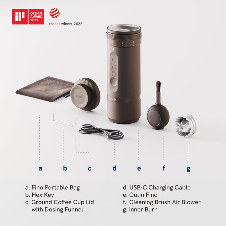 OutIn Fino Tragbare Elektrische Kaffeemühle Kegelmahlwerk - 28 Externe Mahlstufen, 7-Stern-Edelstahl