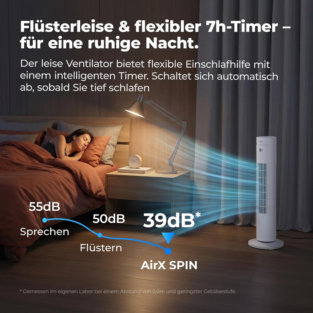 aeco AirX SPIN Turmventilator mit Fernbedienung 3 Geschwindigstufen 7H Timer 35w mobiler Lüfter Oszi