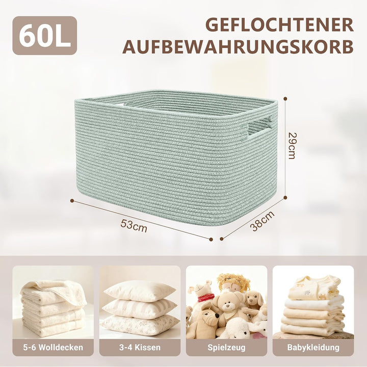 Grosser 60L Aufbewahrungskorb aus Baumwollseil, Boho Korb für Spielzeug Decken, Wäschekorb Geflochte