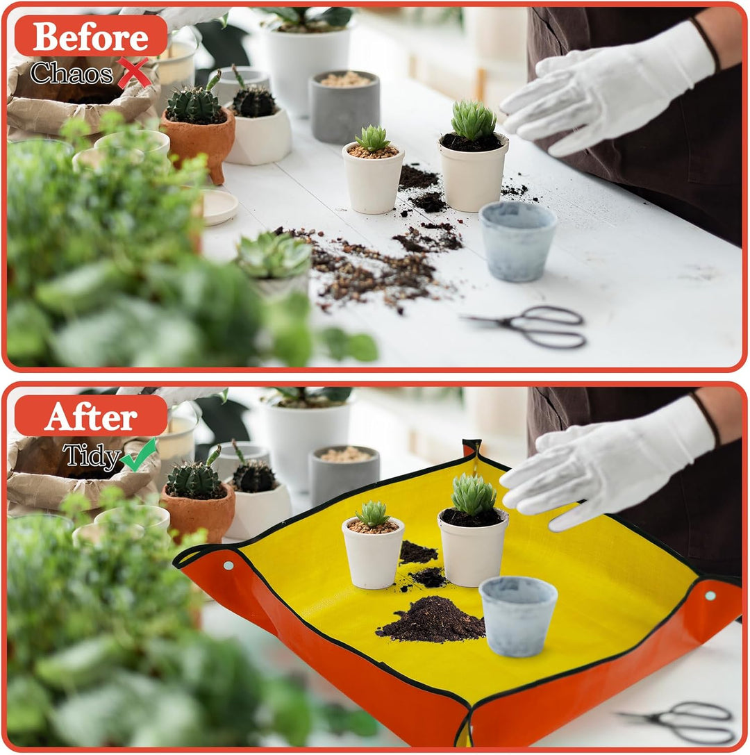 2 Stück Umtopfmatte zum Umpflanzen von Pflanzen, 99cm grosse Gartenmatte und 66cm orangefarbene Topf