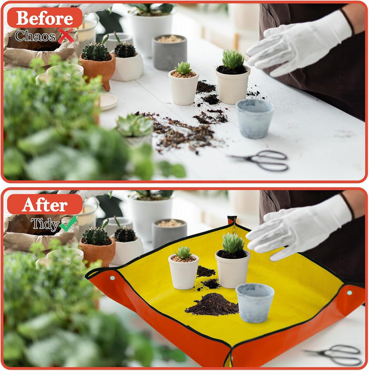 2 Stück Umtopfmatte zum Umpflanzen von Pflanzen, 99cm grosse Gartenmatte und 66cm orangefarbene Topf