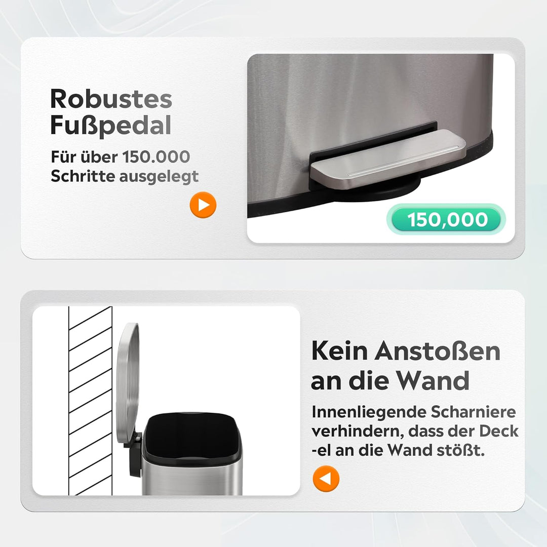 WLIVE 50L Mülleimer aus Edelstahl, grosser Treteimer mit Inneneimer und Soft-Close-Deckel, Abfalleim