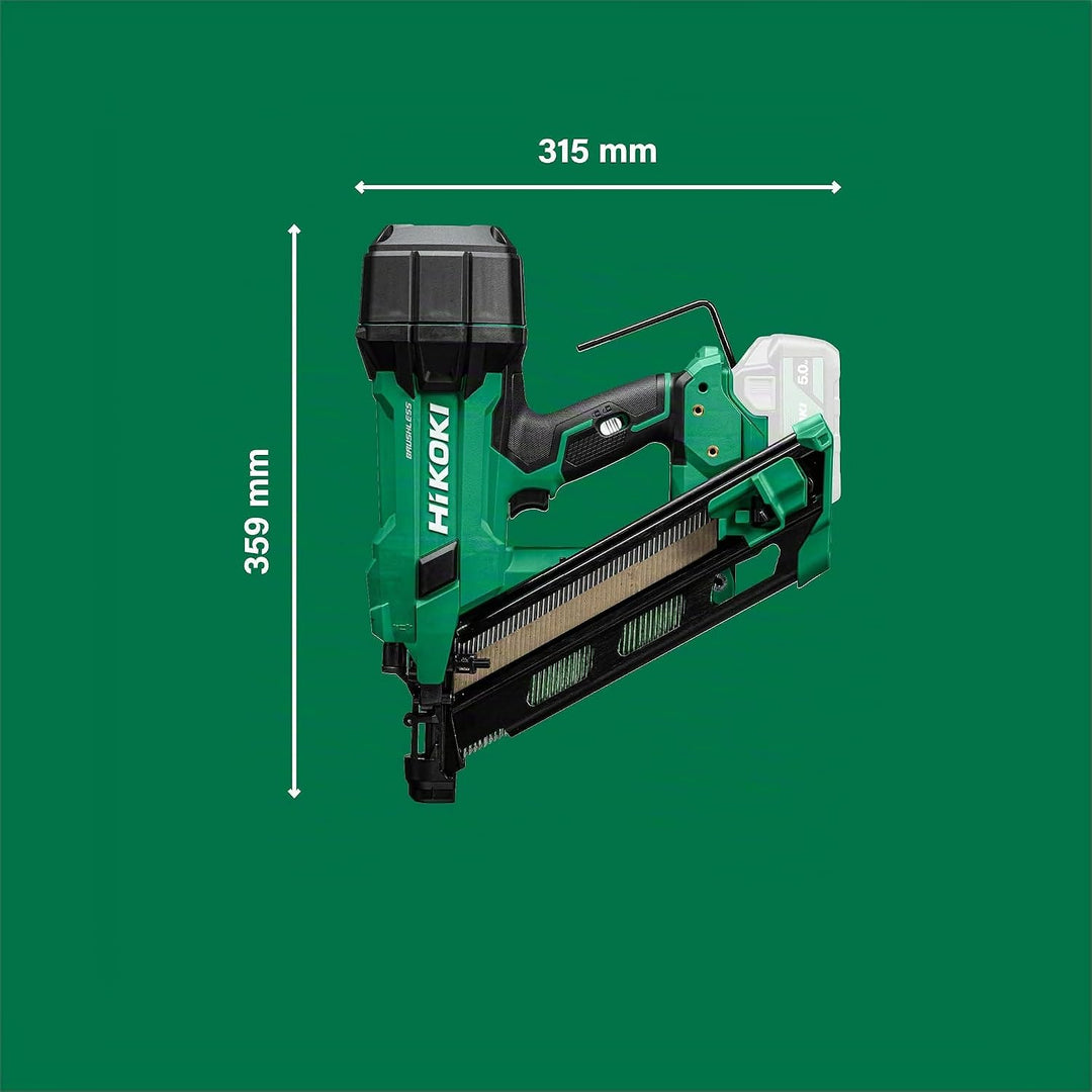 HiKOKI Akku-Streifennagler 34° - 18 V, 50-90 mm Nägel - Leistungsstark, LED-Licht, Brushless Motor,