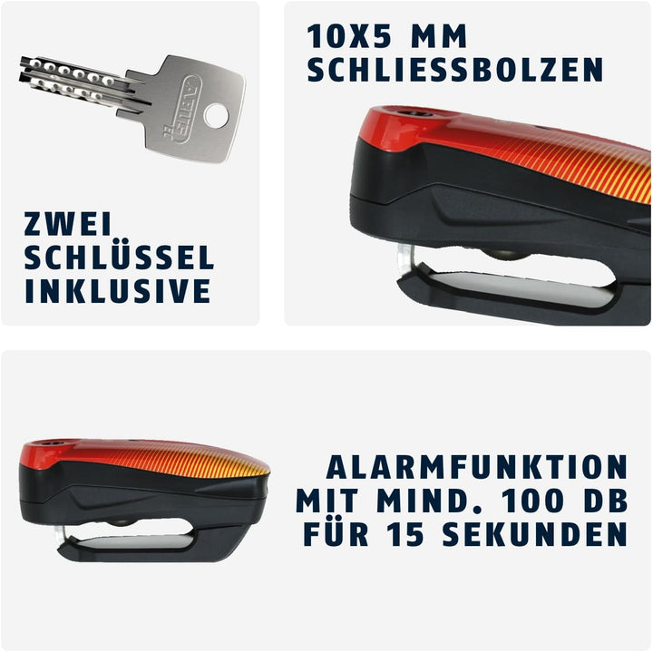 ABUS Bremsscheibenschloss Detecto 7000 RS1 – Motorradschloss mit Alarm – sonic red one size Rot (Son