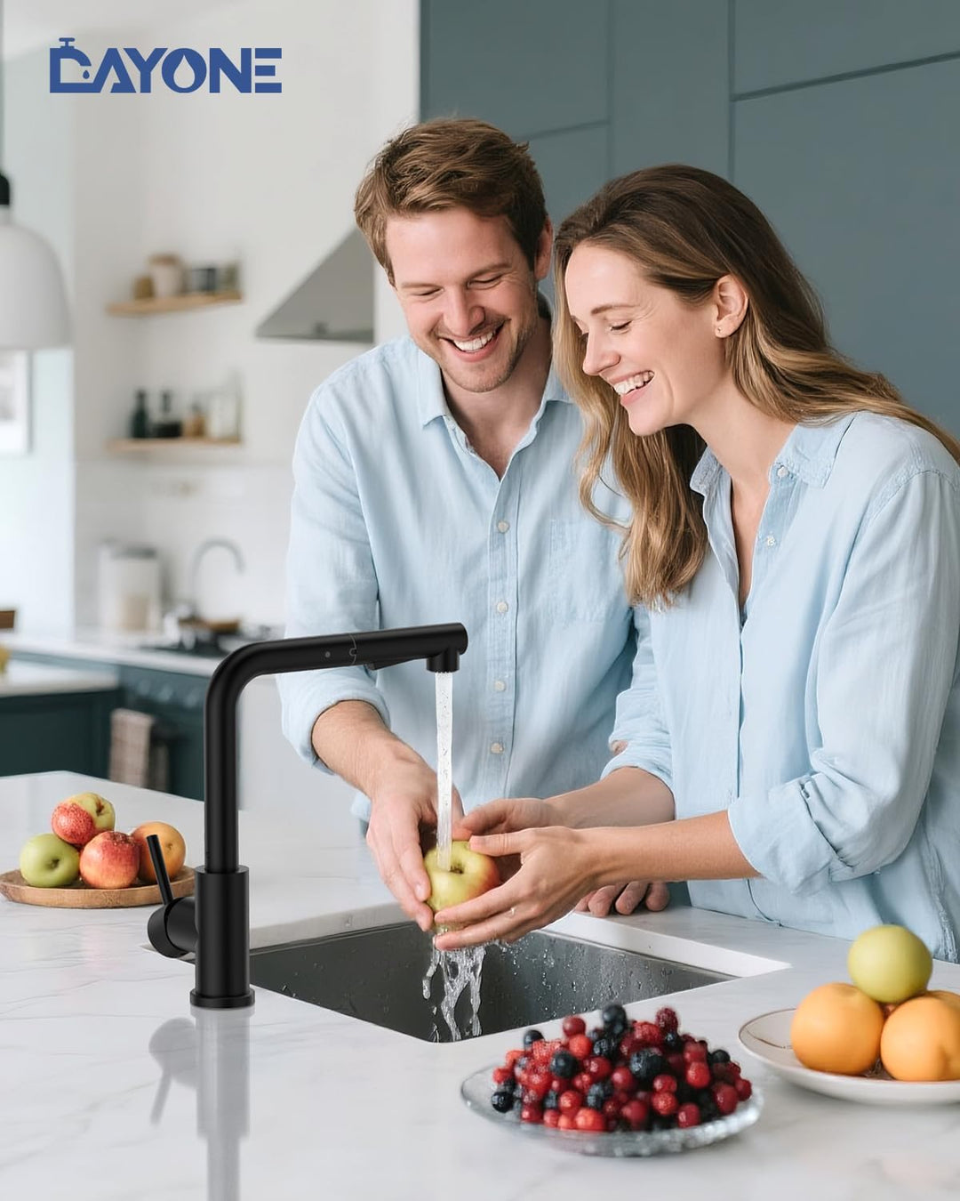 DAYONE Niederdruck Küchenarmatur Schwarz, Niederdruck Wasserhahn Küche Ausziehbare Brause mit 2 Stra