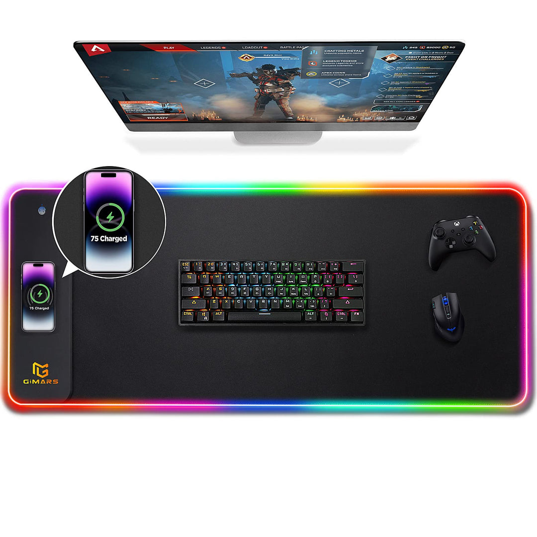 Gimars Upgrade Gaming Mauspad RGB, 15W Kabelloser Schnellladung, 800x300x5mm, Mousepad XXL mit 10 Fa