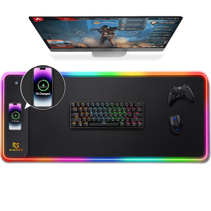 Gimars Upgrade Gaming Mauspad RGB, 15W Kabelloser Schnellladung, 800x300x5mm, Mousepad XXL mit 10 Fa