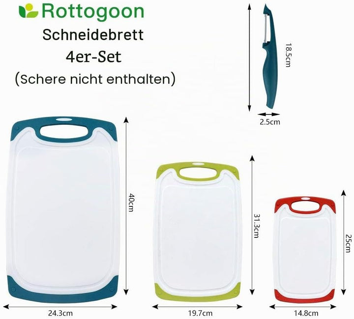 Schneidebretter für Küche, Kunststoff-Schneidebrett 4er-Set mit rutschfesten Füssen und tiefer Tropf