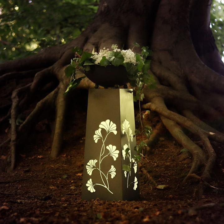 Hoberg LED Pflanzsäule Gingkoblätter-Design in Beton-Optik | Abnehmbare Pflanzschale (Ø 34cm) In- un