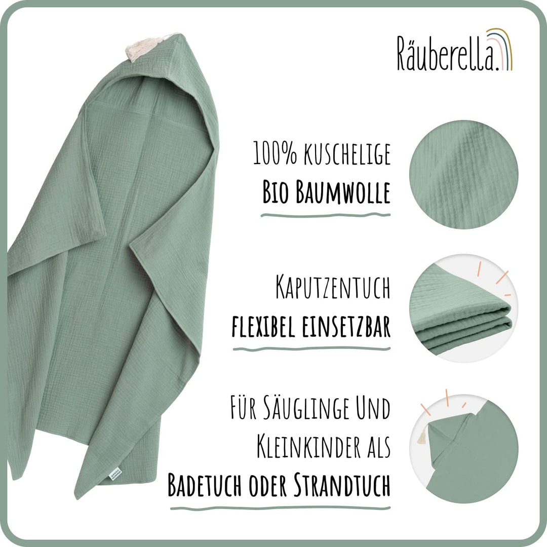 Räuberella® Kapuzenhandtuch-Baby in Mint-Grün I 75x100cm I Musselin-Badetuch-Baby aus 100% Bio-Baumw