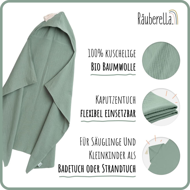 Räuberella® Kapuzenhandtuch-Baby in Mint-Grün I 75x100cm I Musselin-Badetuch-Baby aus 100% Bio-Baumw