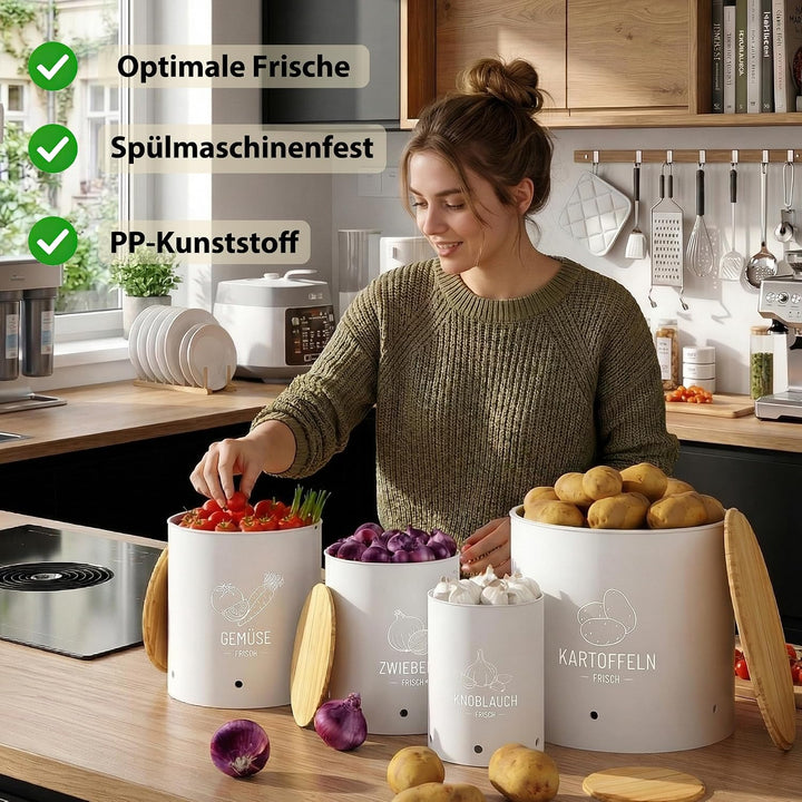 Kartoffel Aufbewahrungsbox 4er Set | Stapelbare mit Frischebelüftung, Kunststoff Kartoffelbox, Platz