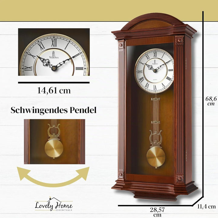 Verona Edel Holz Pendel Wanduhr mit Glas Front – Schöne und dekorative Uhr mit mittelgross braun fin