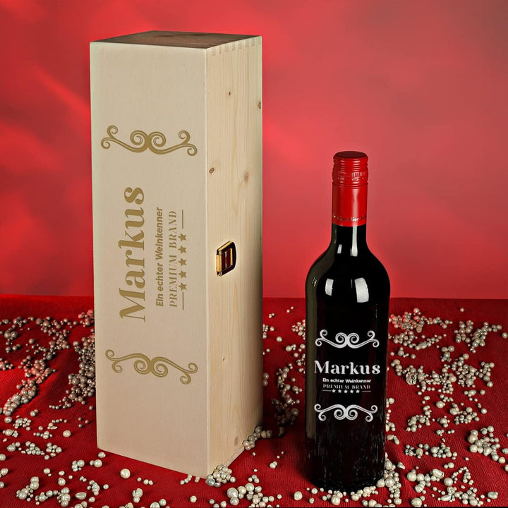 Wein Geschenkset 2-TLG - gravierte Weinflasche 0,7 Liter und Holzbox - perfekt für Geburtstag, Weihn