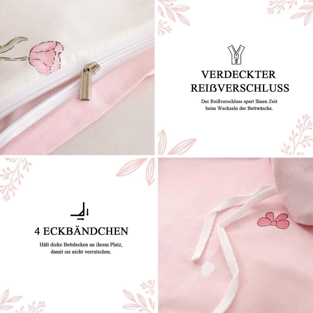 Baumwolle Bettwäsche Set 135x200cm 2teilig Weiss Rosa Grün Blumen Floral Bettwäsche Blumenmuster Mäd