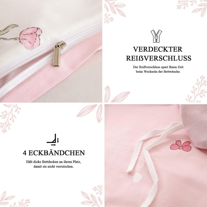 Baumwolle Bettwäsche Set 135x200cm 2teilig Weiss Rosa Grün Blumen Floral Bettwäsche Blumenmuster Mäd