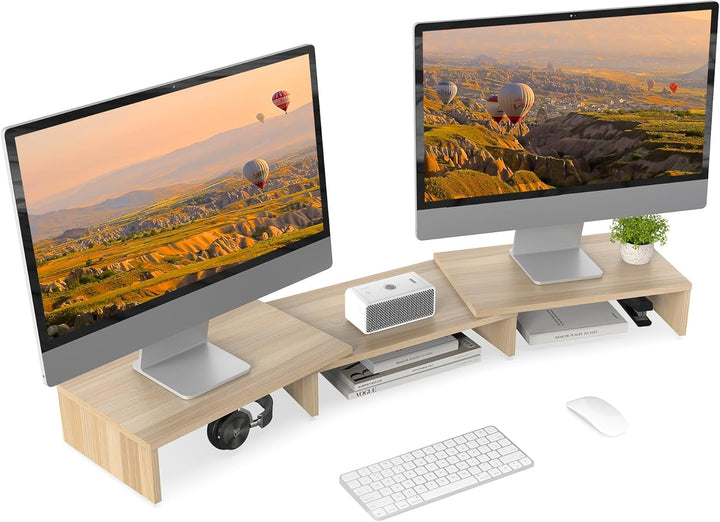 FITUEYES Dual Monitorständer aus Holz, Verstellbare Länge und Schwenkwinkel Bildschirmständer, Monit