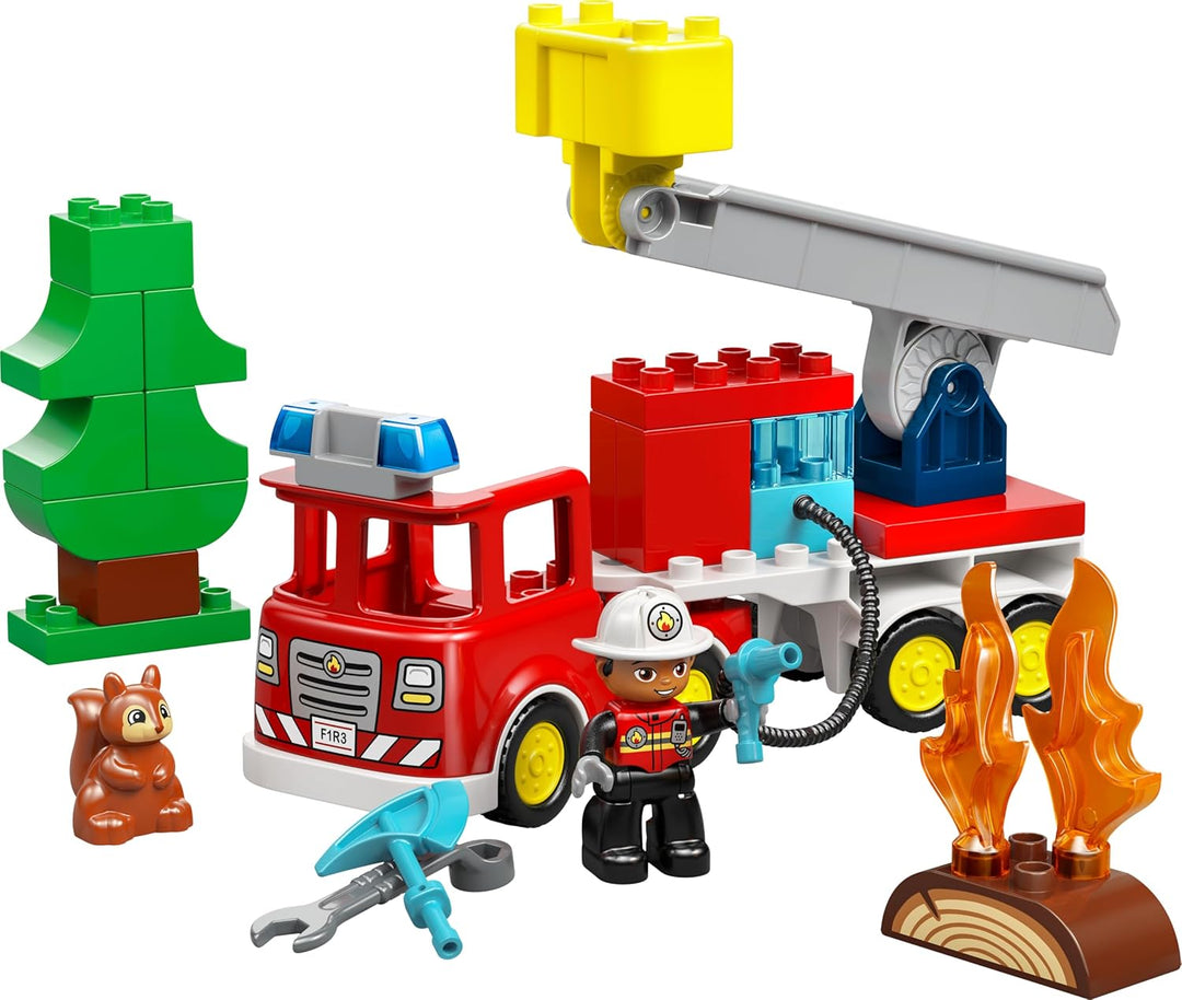 LEGO DUPLO Town Löschauto mit Schlauch und Feuerwehrmann- Lernspielzeug für Motorik - Rotes Feuerweh