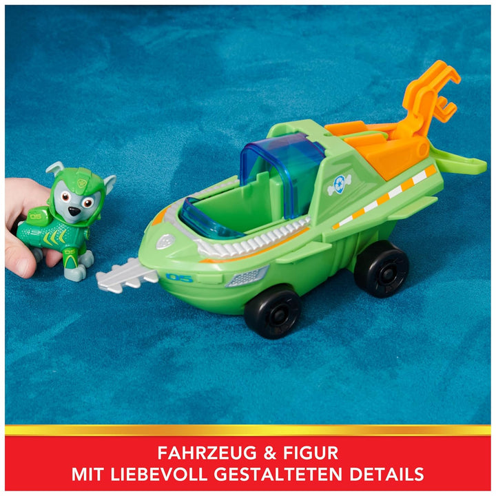 PAW PATROL, Aqua Pups - Basis Fahrzeug Spielzeugauto im Sägefisch-Design mit Rocky Welpenfigur, Spie