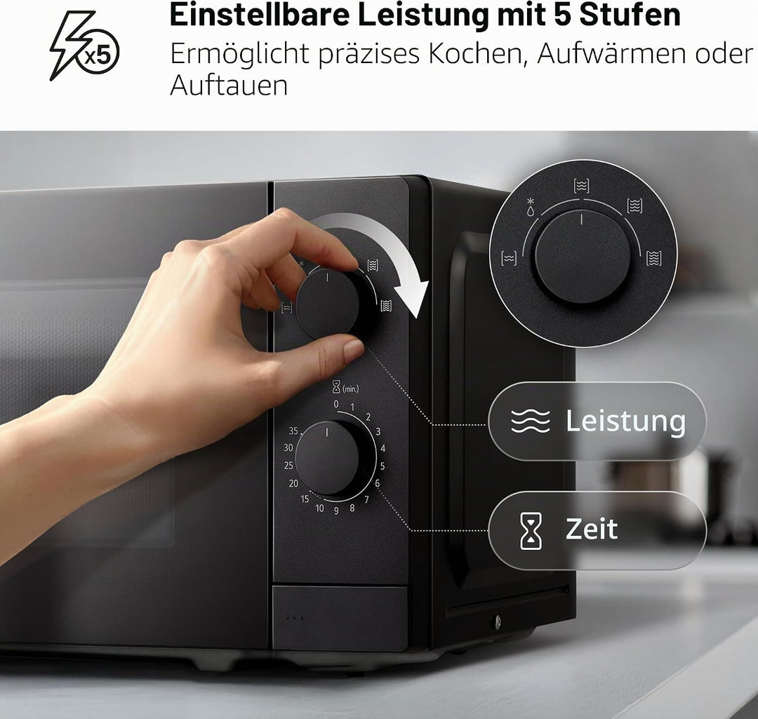 LG MS2082F Mikrowelle, 20 Liter, 700 W, Schwarz, 44,5 x 25,8 x 34,5 cm, mechanische Steuerung, 5 Lei