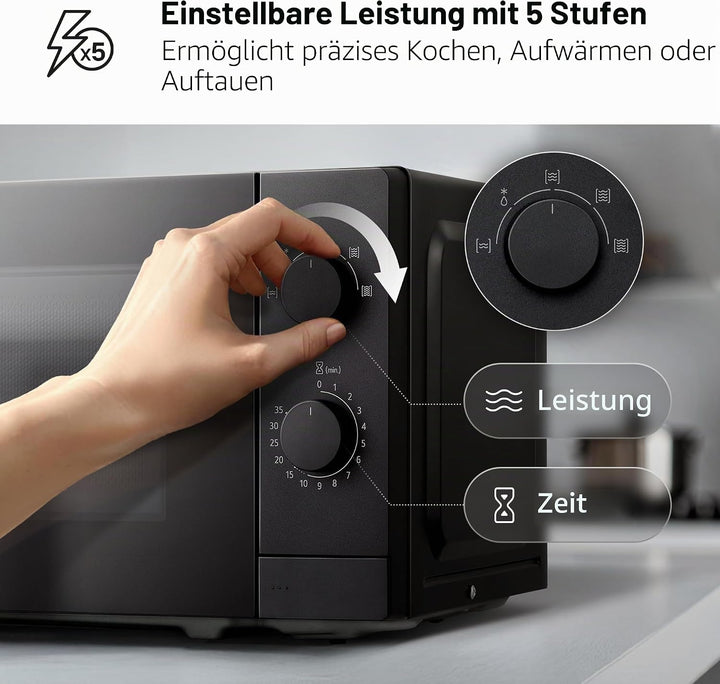 LG MS2082F Mikrowelle, 20 Liter, 700 W, Schwarz, 44,5 x 25,8 x 34,5 cm, mechanische Steuerung, 5 Lei