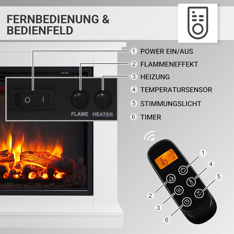 CrownFlame Phanos Elektrokamin - Elektrischer Standkamin mit Heizung 1000/2000 W, realistischer 3D-F