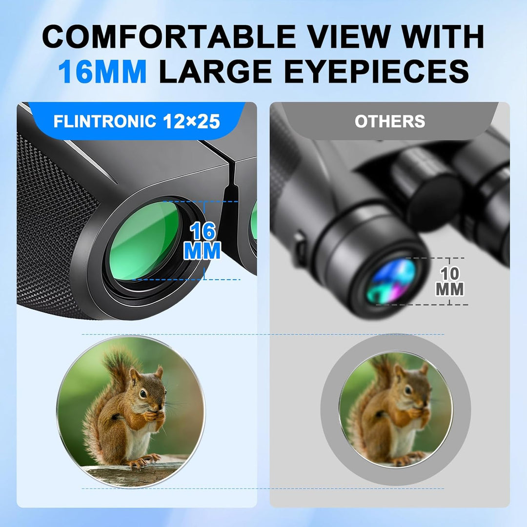 flintronic 12x25 Kompakt Fernglas, HD Fernglas Kinder Erwachsene mit Tragetasche, Tragegurt, Grosses