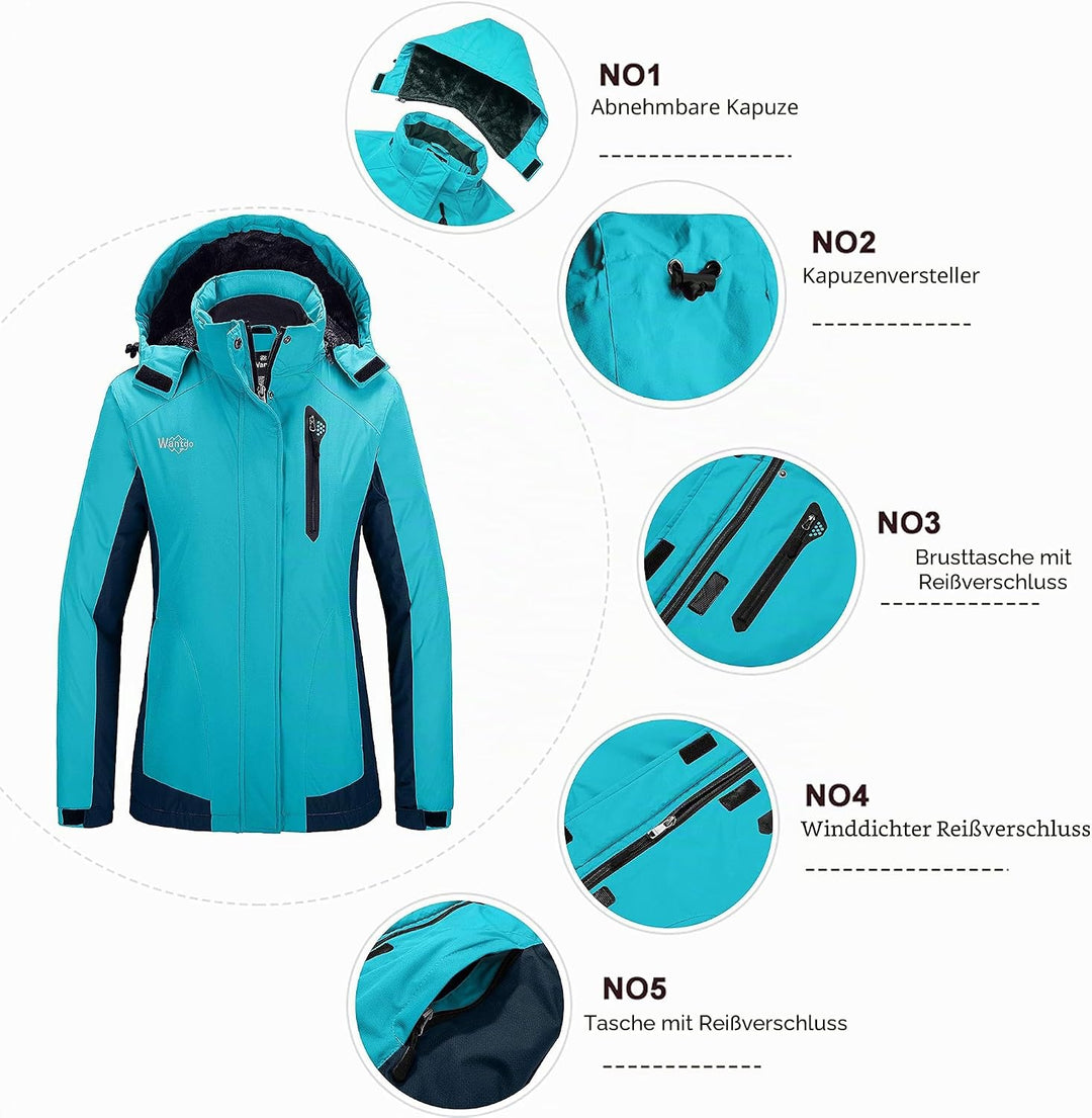 Wantdo Damen Winter Skijacke Warm Fleece Mantel Berg Snowboardjacke Outdoor Kapuzen Windbreaker Jack
