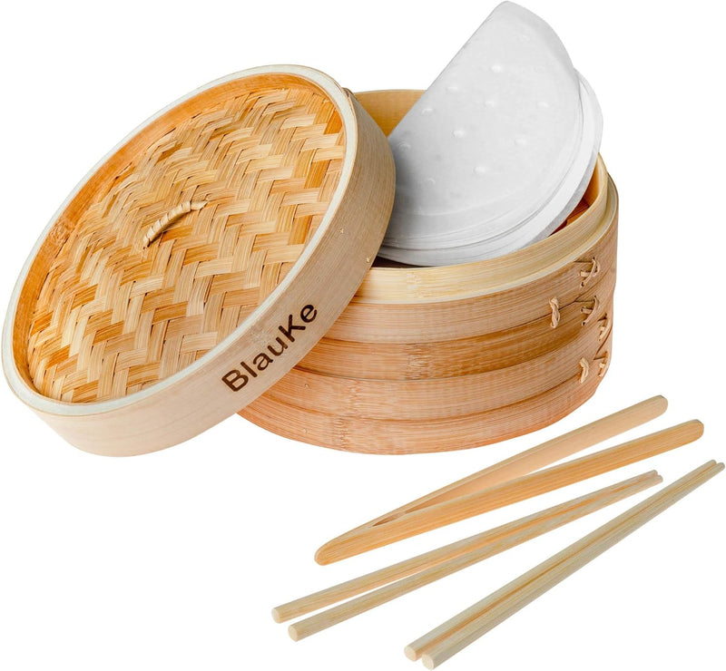 Bambusdämpfer (Bamboo Steamer) - 25cm mit 2 Etagen Bambus Dampfkörbe mit Deckel - 2 Paar Essstäbchen
