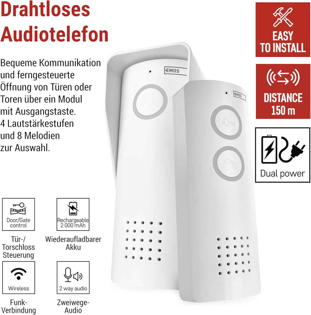 EMOS - Audio-Türsprechanlage Set, Wireless - drahtlose Verbindung, Elegantes Design - Audio-Kit/Gege