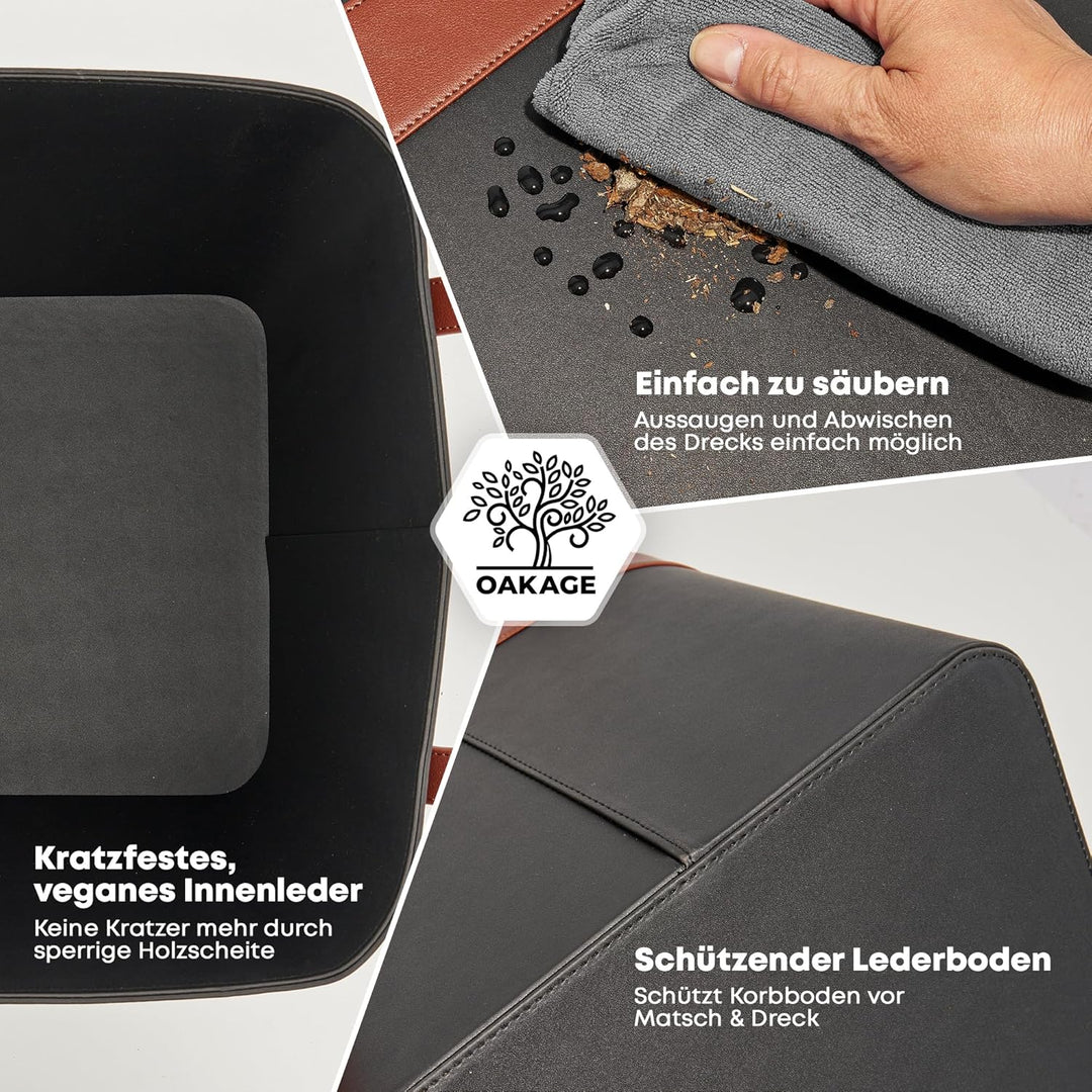 OAKAGE® Holzkorb für Kaminholz Gross aus veganem Leder Kaminholzkorb Feuerholzkorb Brennholzkorb Kam