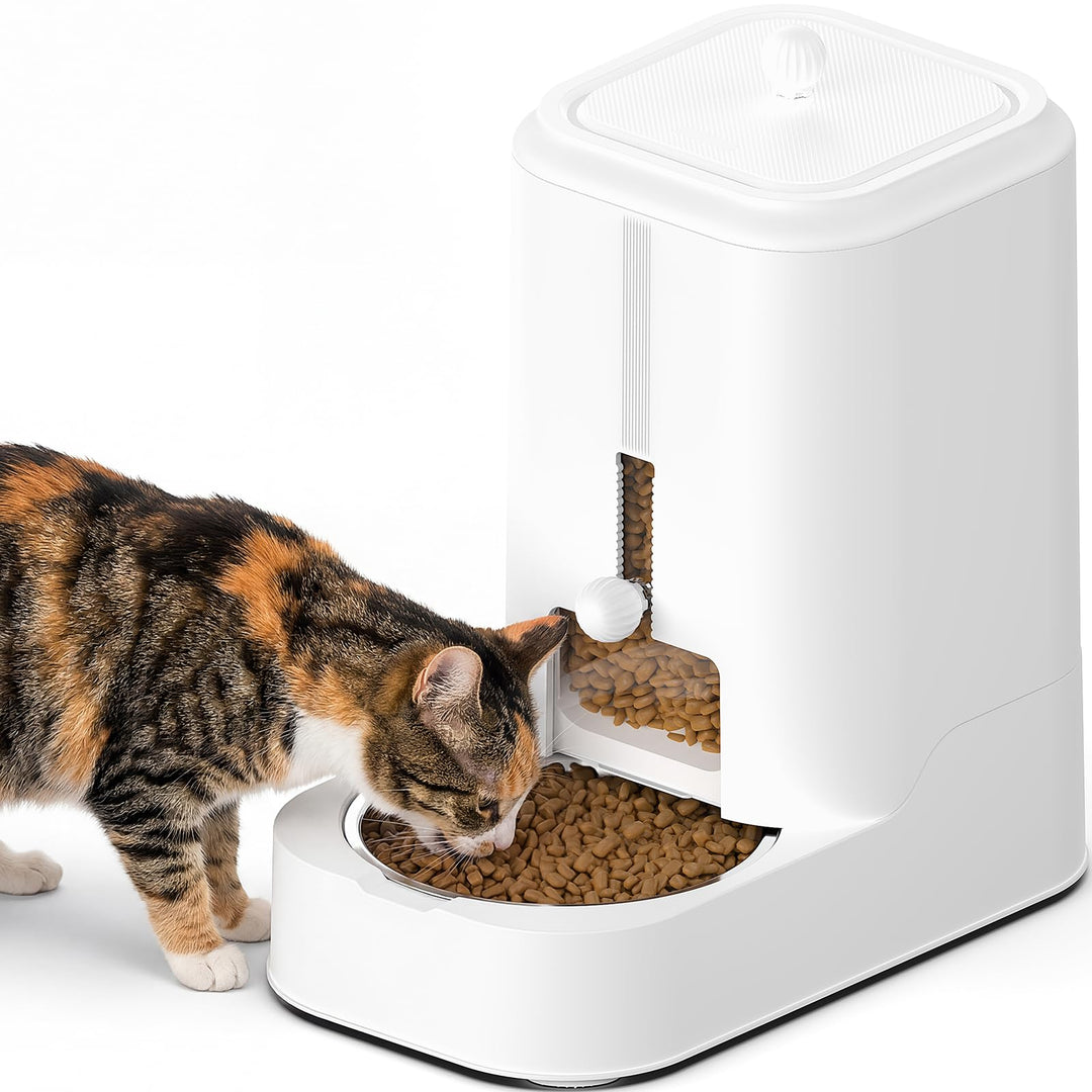JUNSPOW Automatischer Katzenfutterspender Hundenapf Spender Set mit Edelstahlnapf, Einstellbare Futt