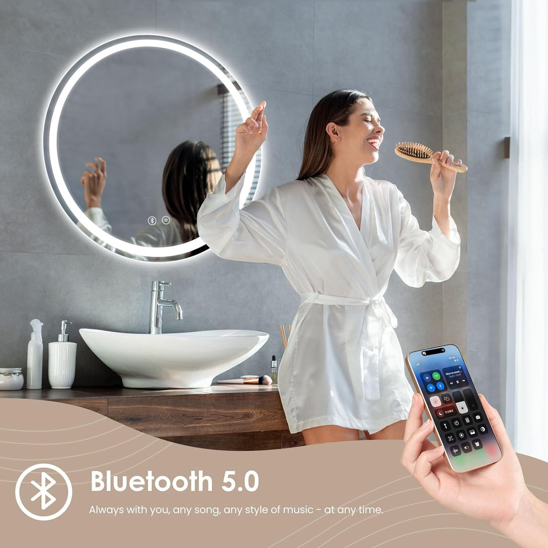 Dripex Badspiegel mit Beleuchtung Rund Led Spiegel mit Bluetooth-Lautsprecher und Touch-Schalter, Di