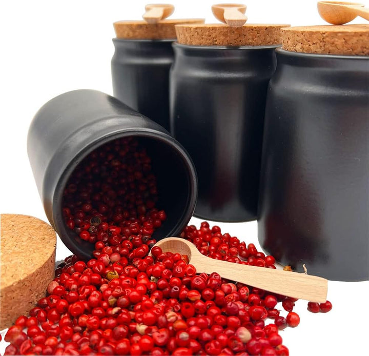 mikken 4x Gewürzdose Keramik schwarz rund 200 ml mit Korken Gewürzglas Steingut inkl. Holzlöffel + E