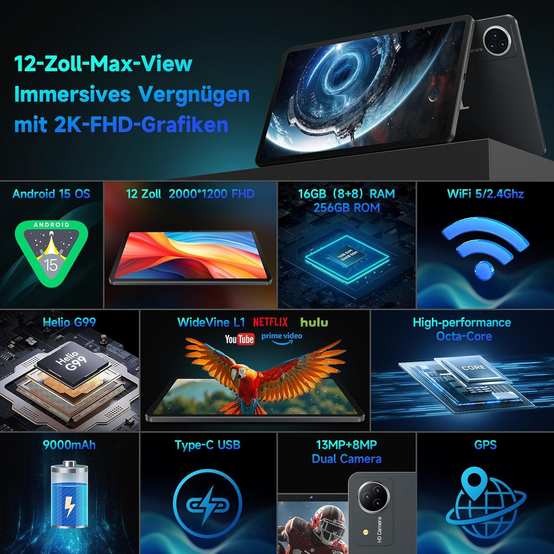 FEONAL Android 15 Tablet 12 Zoll 2K Display Helio G99 Gaming Tablet mit Tastatur/Stift/Maus, Gemini