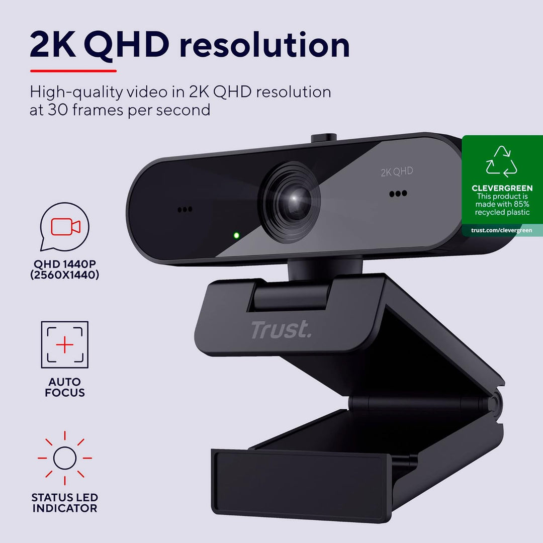 Trust Taxon 2K QHD Webcam aus 85% Recycling-Kunststoff, 2560x1440p USB Kamera PC mit Abdeckung, Auto