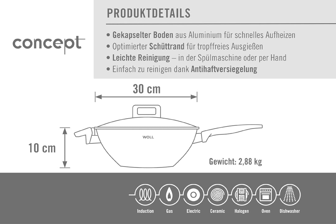 Woll Concept Wok- und Rührpfanne - Induktiv -, Ø 30 cm, 10 cm hoch, Geeignet für alle Herdarten, Ede